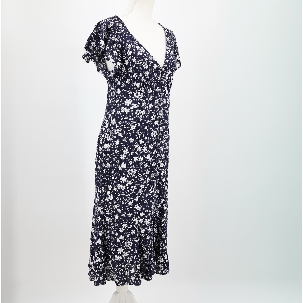 Gap Floral Flutter Sleeve Buttoned Midi Dress Navy White V-Neck Cottagecore S